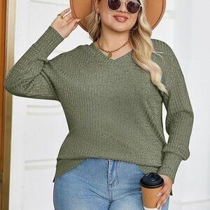NWT IN'VOLAND Casual Long Sleeve V-Neck Shirt | 24W | Olive